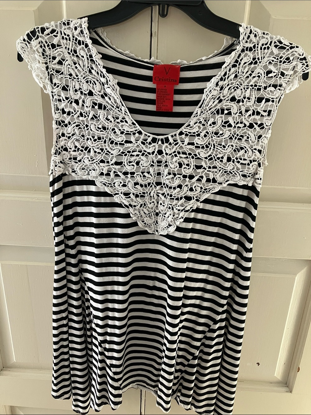 Christina Black & White Striped Tank with Crochet Lace Yoke